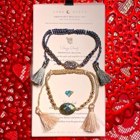 Brand New Luna Norte 14K Gold Plated Brass Adjustable Bracelet Set Druzy Quartz - Picture 12 of 12